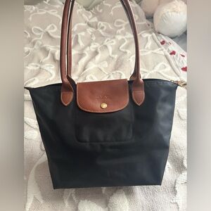 Longchamp Black Small Tote with Brown Leather Trim